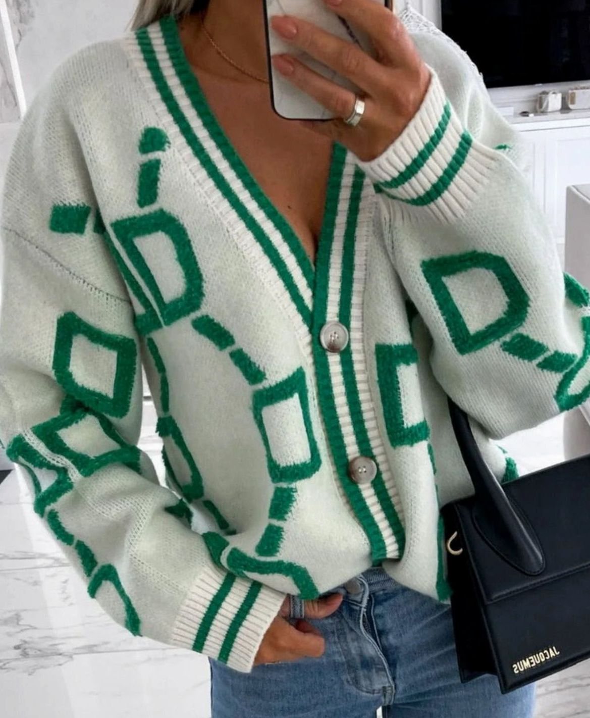 Cárdigan de punto para mujer, con estampado geométrico y botones