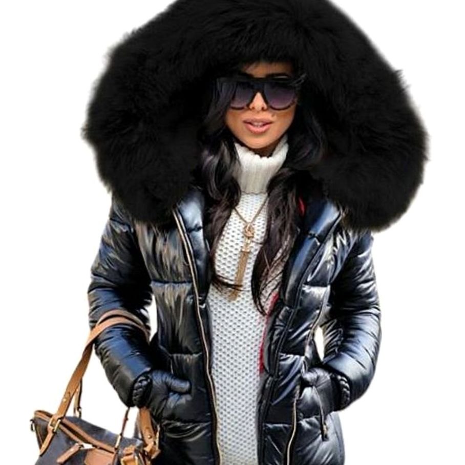 Chaqueta acolchada brillante de plumón para mujer, con capucha de pelo sintético