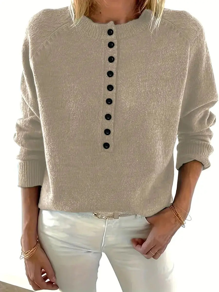 Jersey de punto para mujer, con media botonadura, cuello de pico y diseño tipo pulóver
