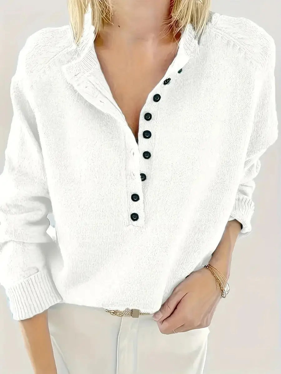 Jersey de punto para mujer, con media botonadura, cuello de pico y diseño tipo pulóver