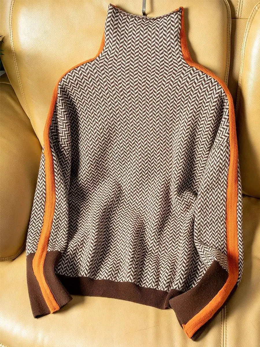 Jersey de cuello alto vuelto para mujer, de espiga y con ribete en contraste