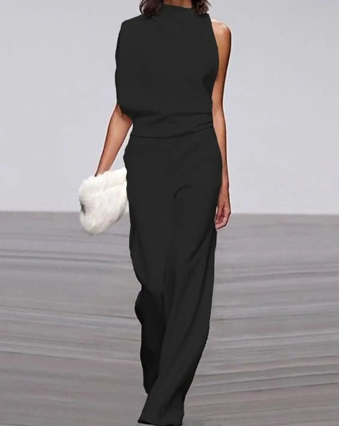 Mono formal para mujer, de cuello alto, hombro asimétrico y pierna ancha