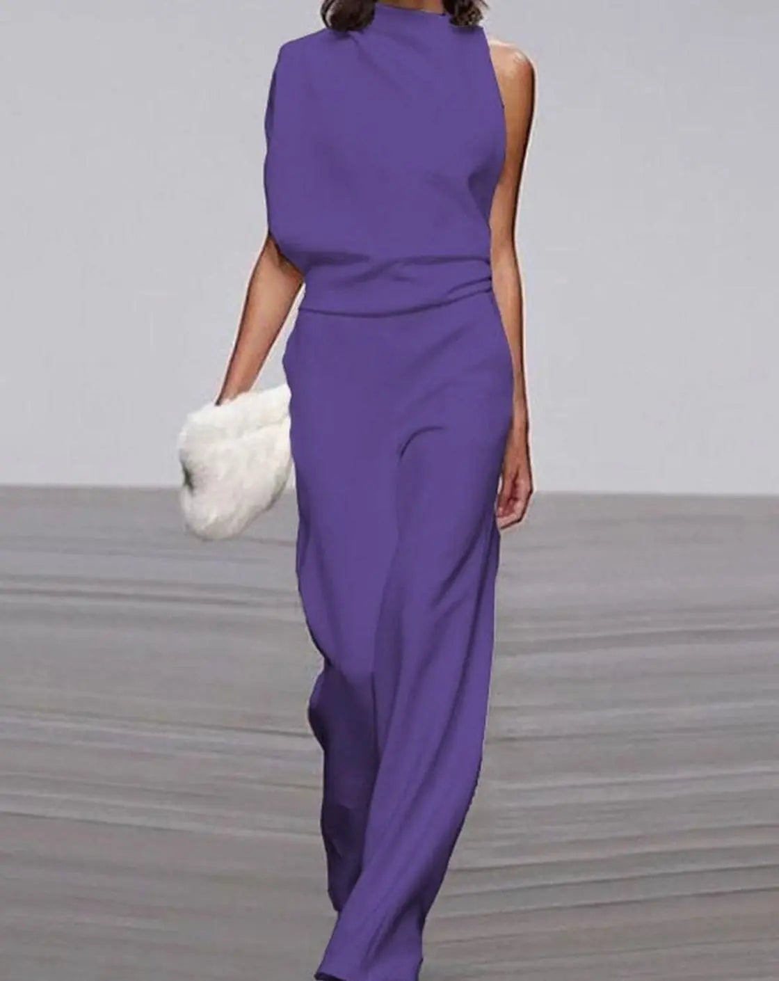 Mono formal para mujer, de cuello alto, hombro asimétrico y pierna ancha