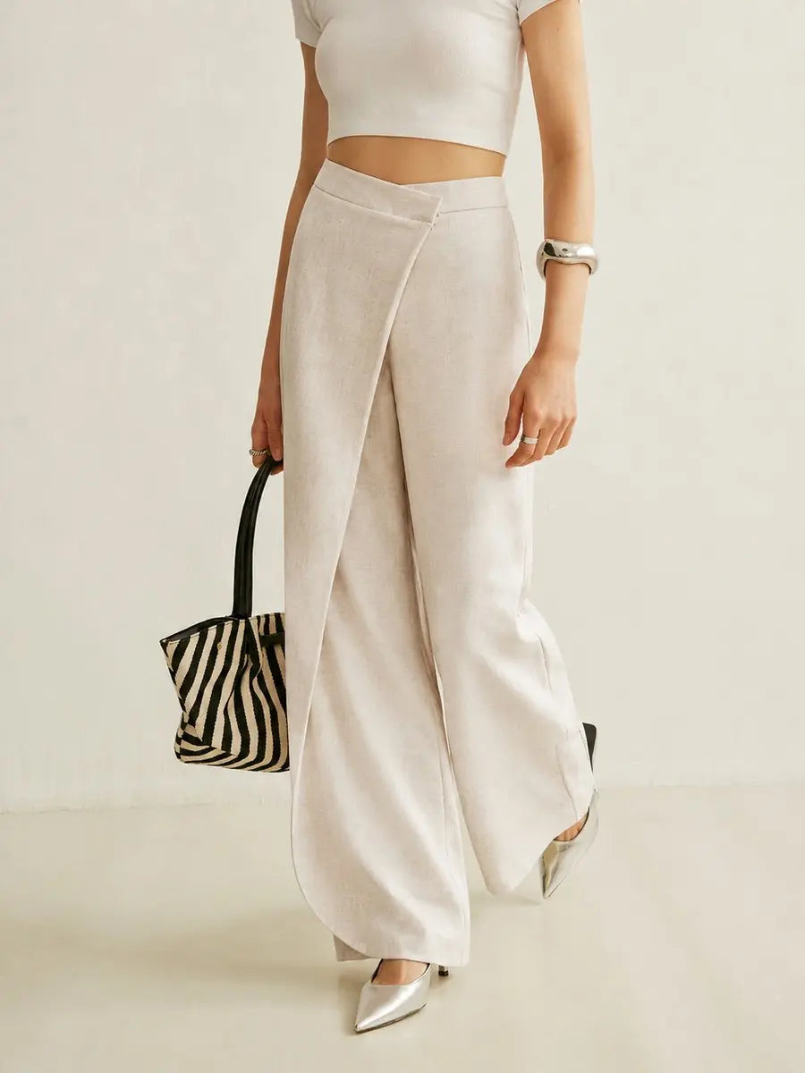 Pantalones de pierna ancha para mujer, de cintura alta y diseño asimétrico cruzado