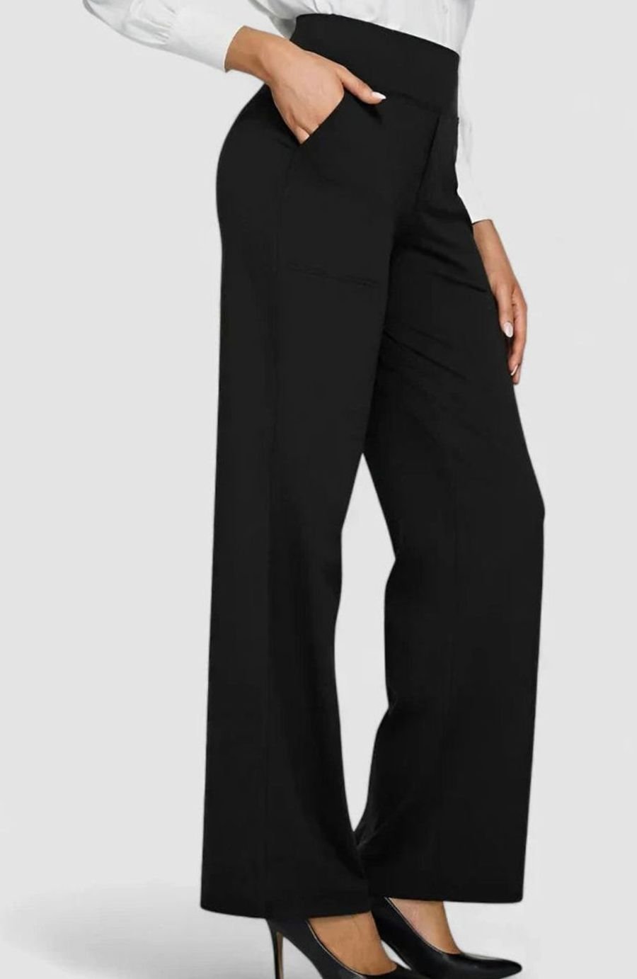 Pantalones rectos de pierna ancha para mujer, de cintura alta y con bolsillos