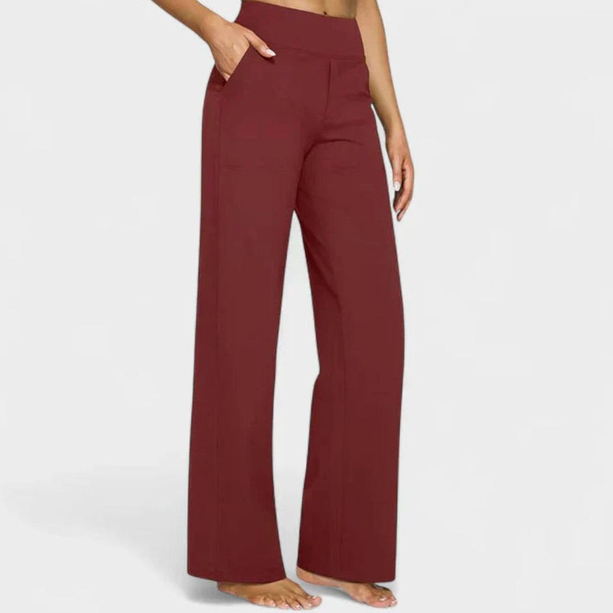 Pantalones rectos de pierna ancha para mujer, de cintura alta y con bolsillos