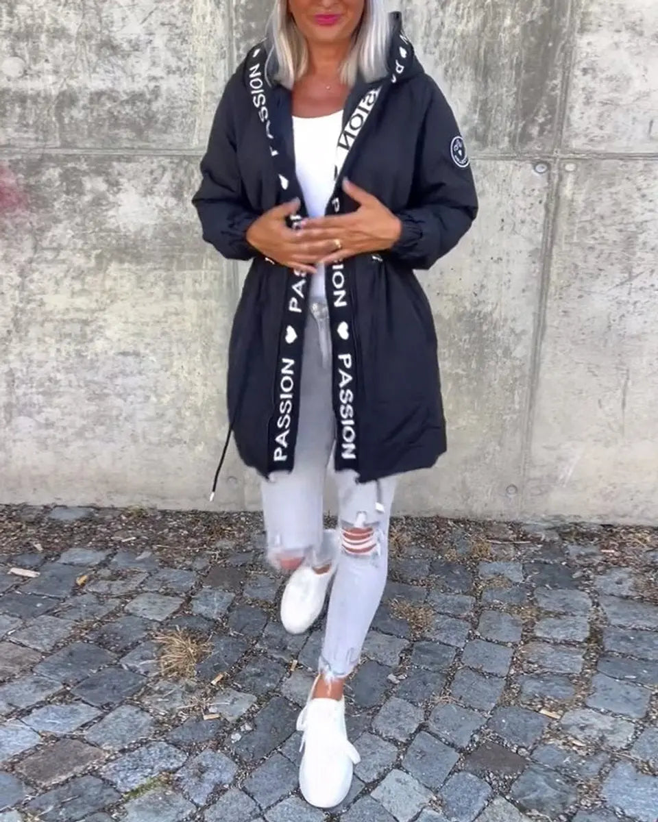 Abrigo midi para mujer, con capucha, cordón y corte holgado