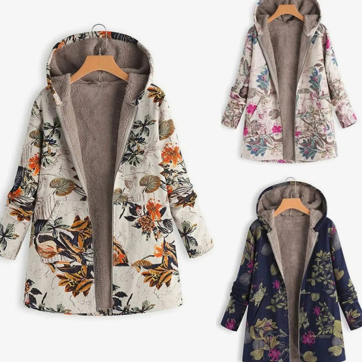 Abrigo floral de invierno para mujer, con capucha y forro de forro polar