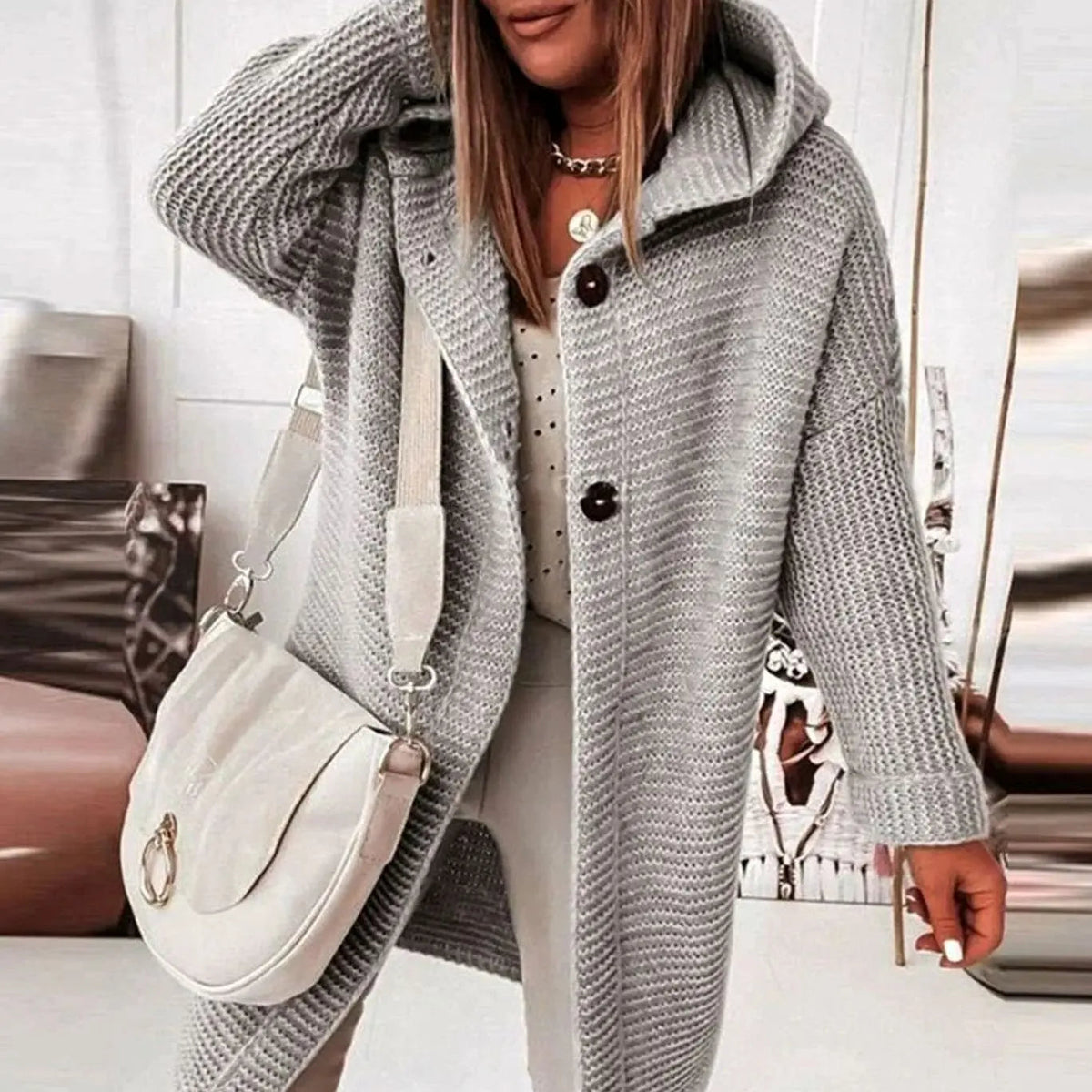 Chaqueta cárdigan larga de punto para mujer, con capucha, corte holgado y botones