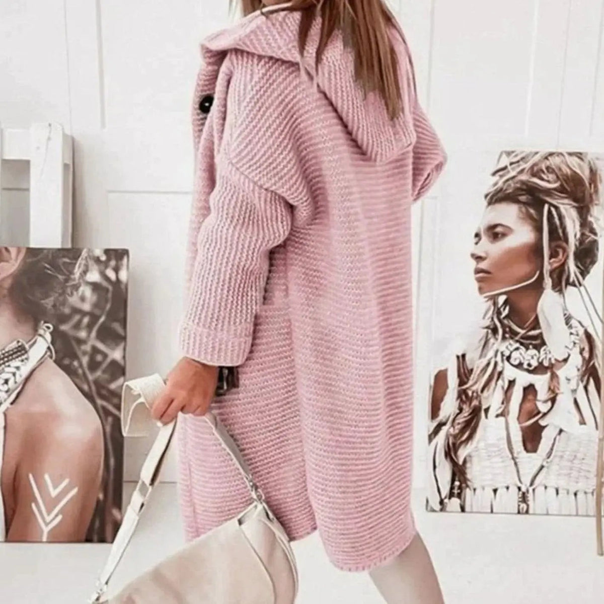 Chaqueta cárdigan larga de punto para mujer, con capucha, corte holgado y botones