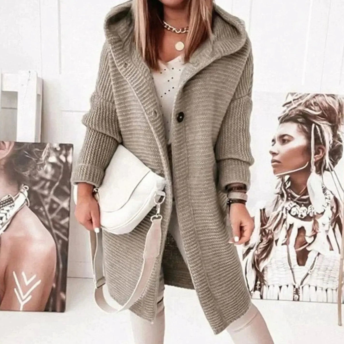 Chaqueta cárdigan larga de punto para mujer, con capucha, corte holgado y botones