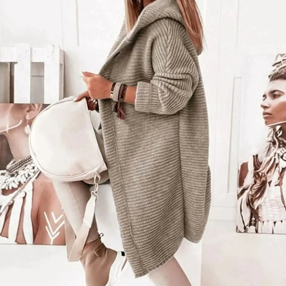 Chaqueta cárdigan larga de punto para mujer, con capucha, corte holgado y botones