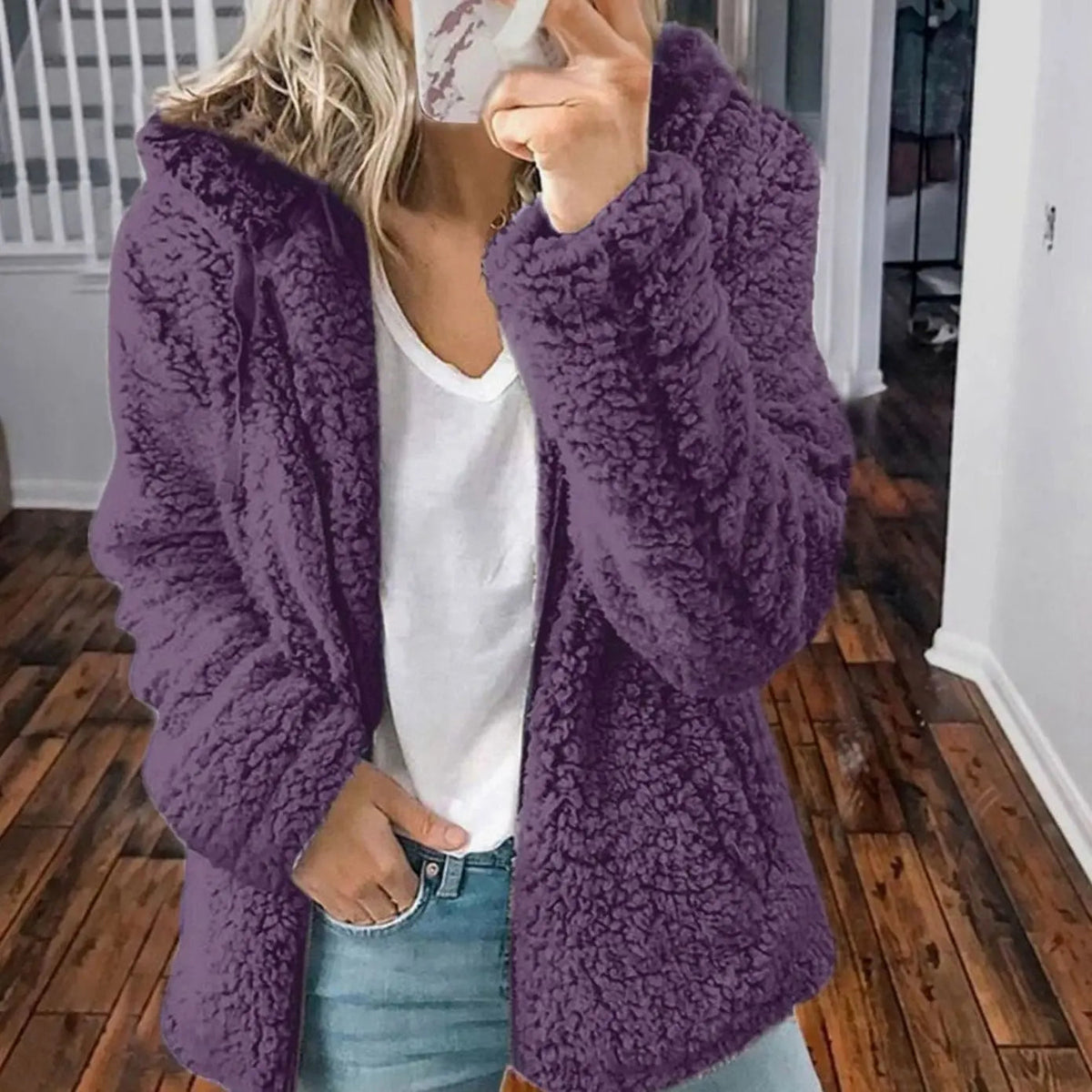 Chaqueta de forro polar tipo teddy para mujer, con capucha y parte delantera abierta