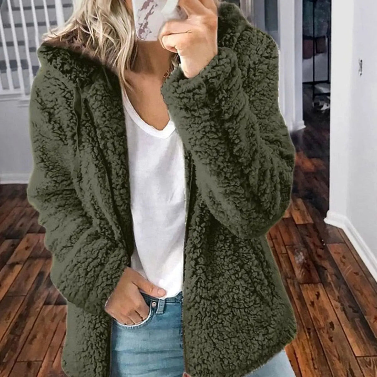 Chaqueta de forro polar tipo teddy para mujer, con capucha y parte delantera abierta