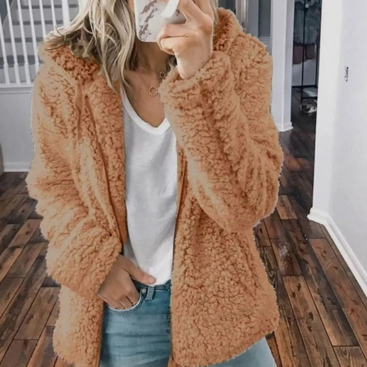 Chaqueta de forro polar tipo teddy para mujer, con capucha y parte delantera abierta