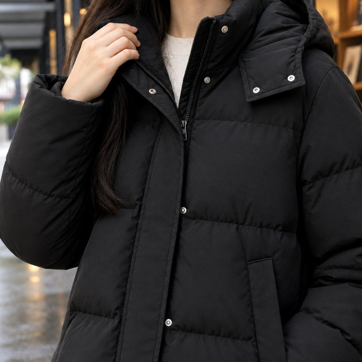 Chaqueta acolchada tipo plumífero para mujer, con capucha, corte holgado y largo hasta la cintura