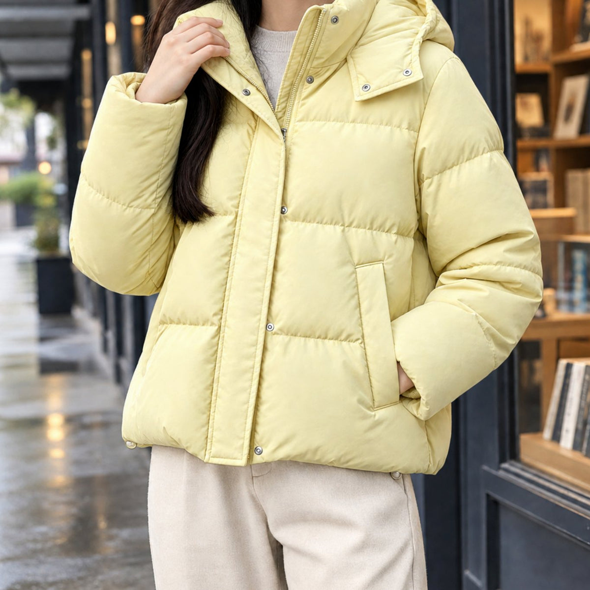 Chaqueta acolchada tipo plumífero para mujer, con capucha, corte holgado y largo hasta la cintura