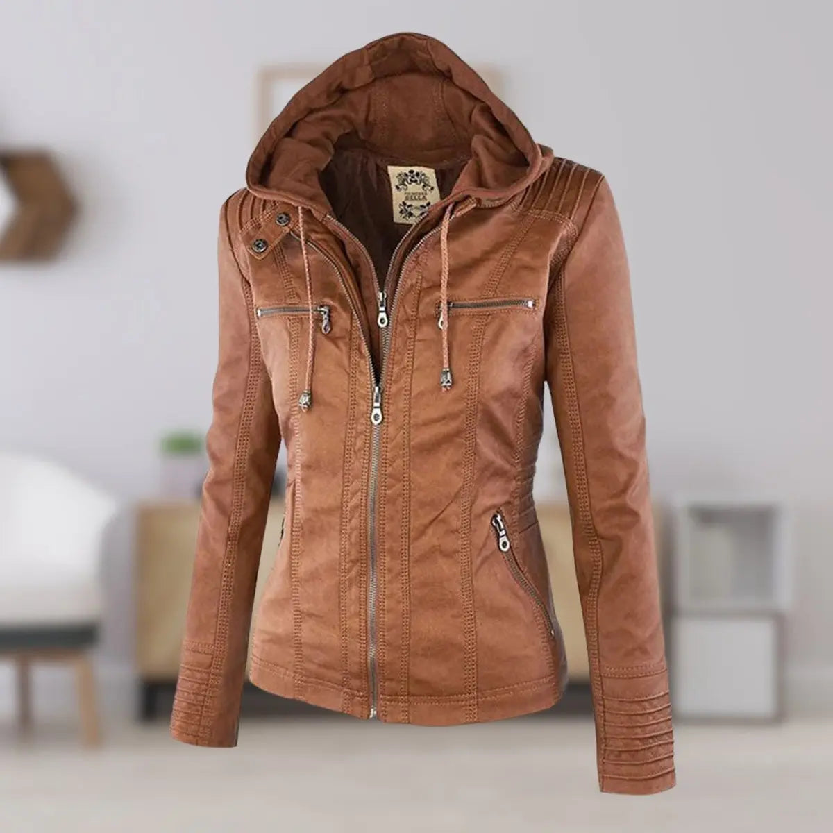 Abrigo motero de cuero sintético para mujer, con capucha desmontable