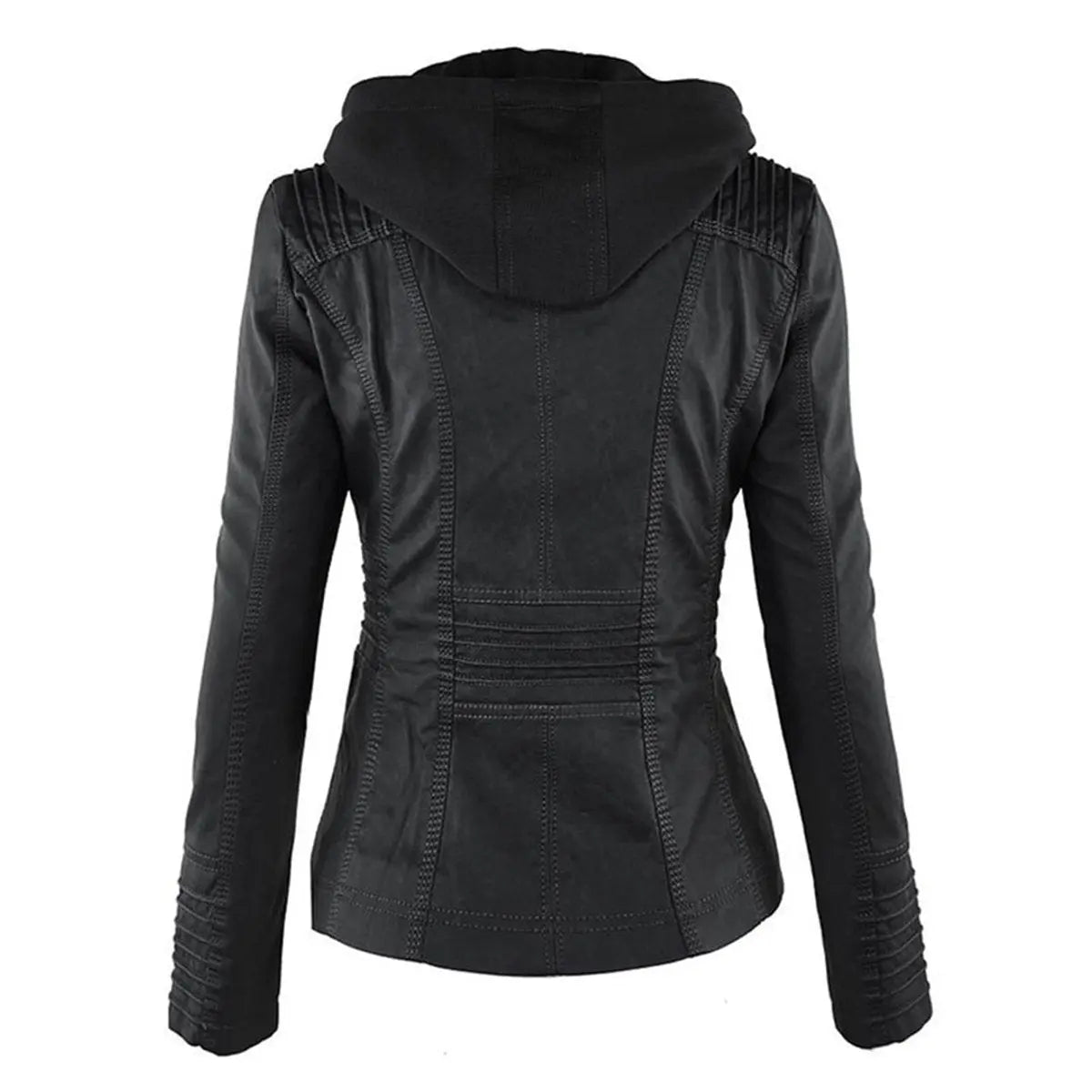 Abrigo motero de cuero sintético para mujer, con capucha desmontable
