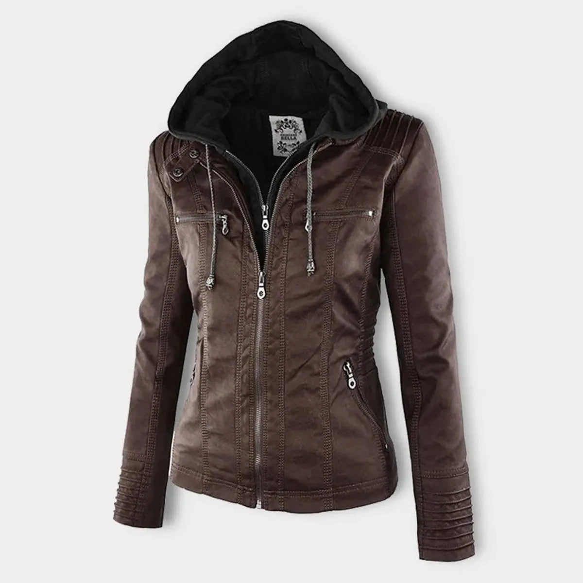 Abrigo motero de cuero sintético para mujer, con capucha desmontable