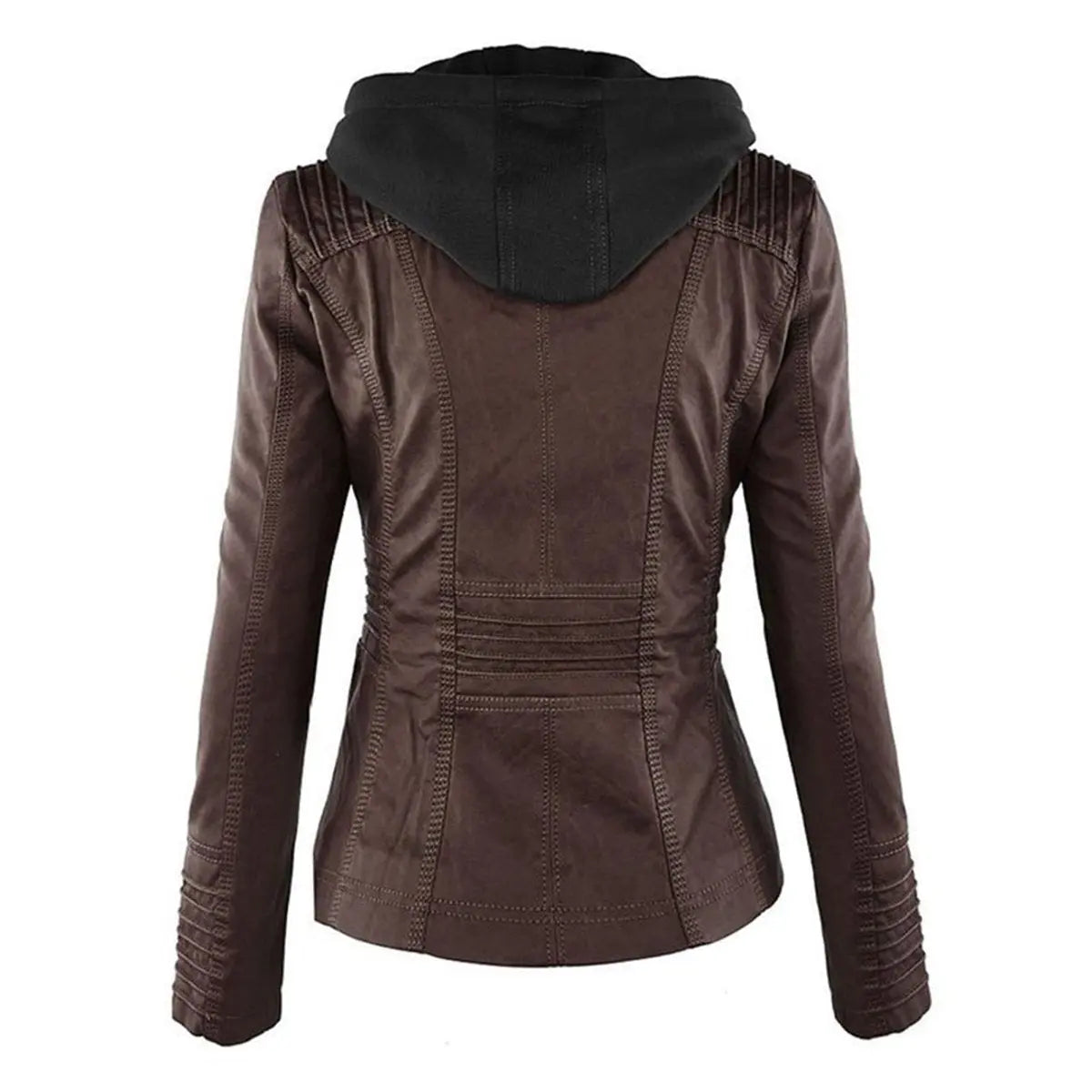 Abrigo motero de cuero sintético para mujer, con capucha desmontable