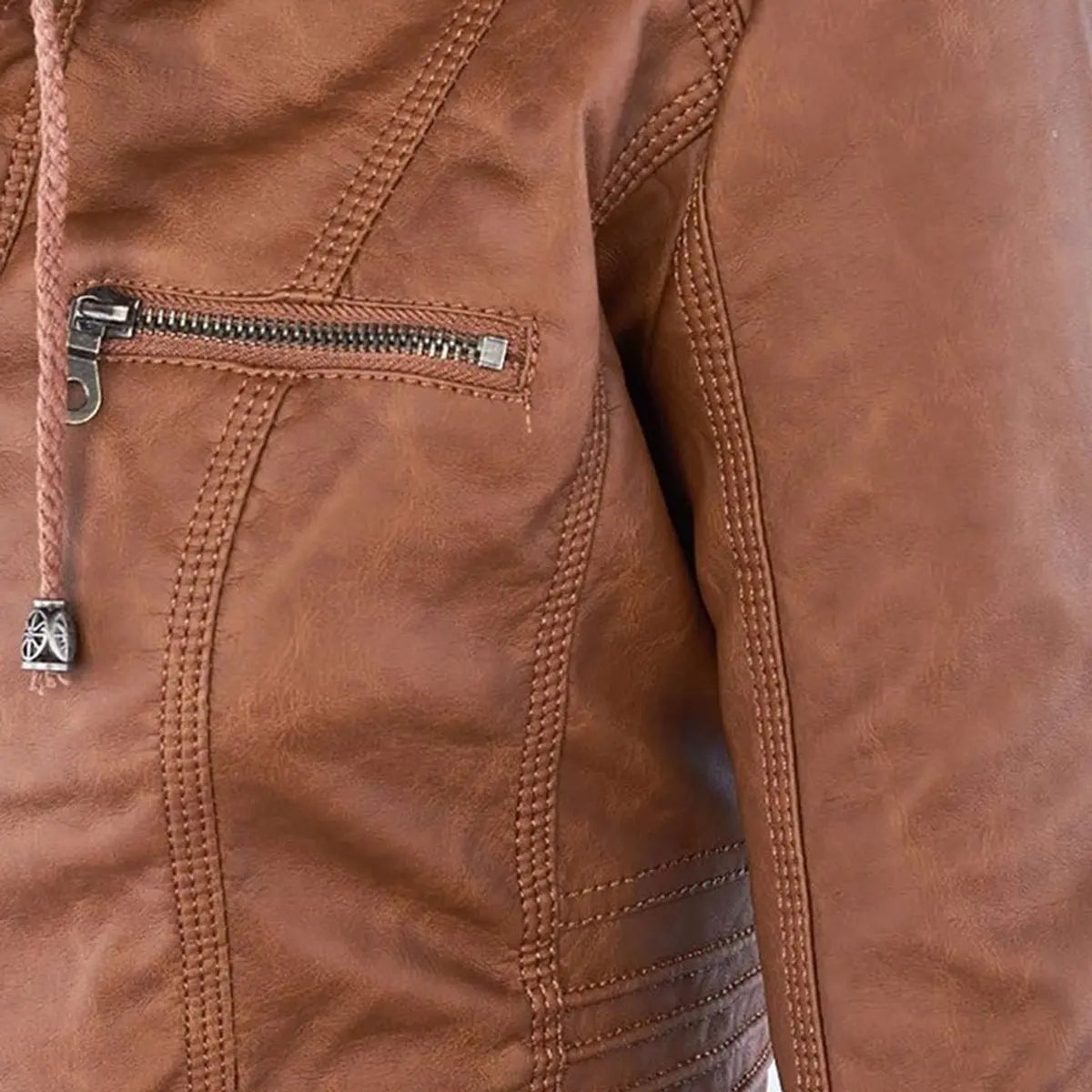Abrigo motero de cuero sintético para mujer, con capucha desmontable