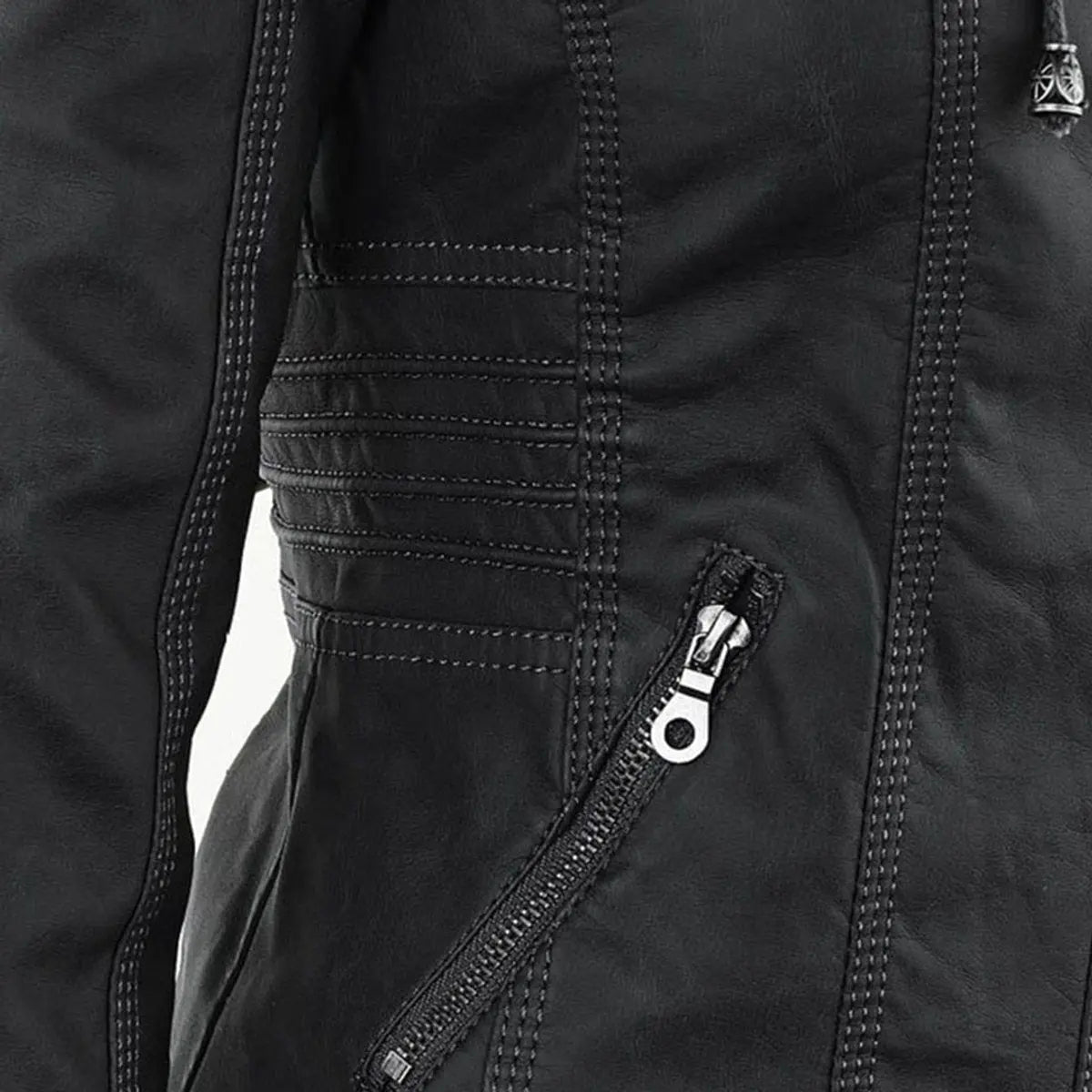 Abrigo motero de cuero sintético para mujer, con capucha desmontable