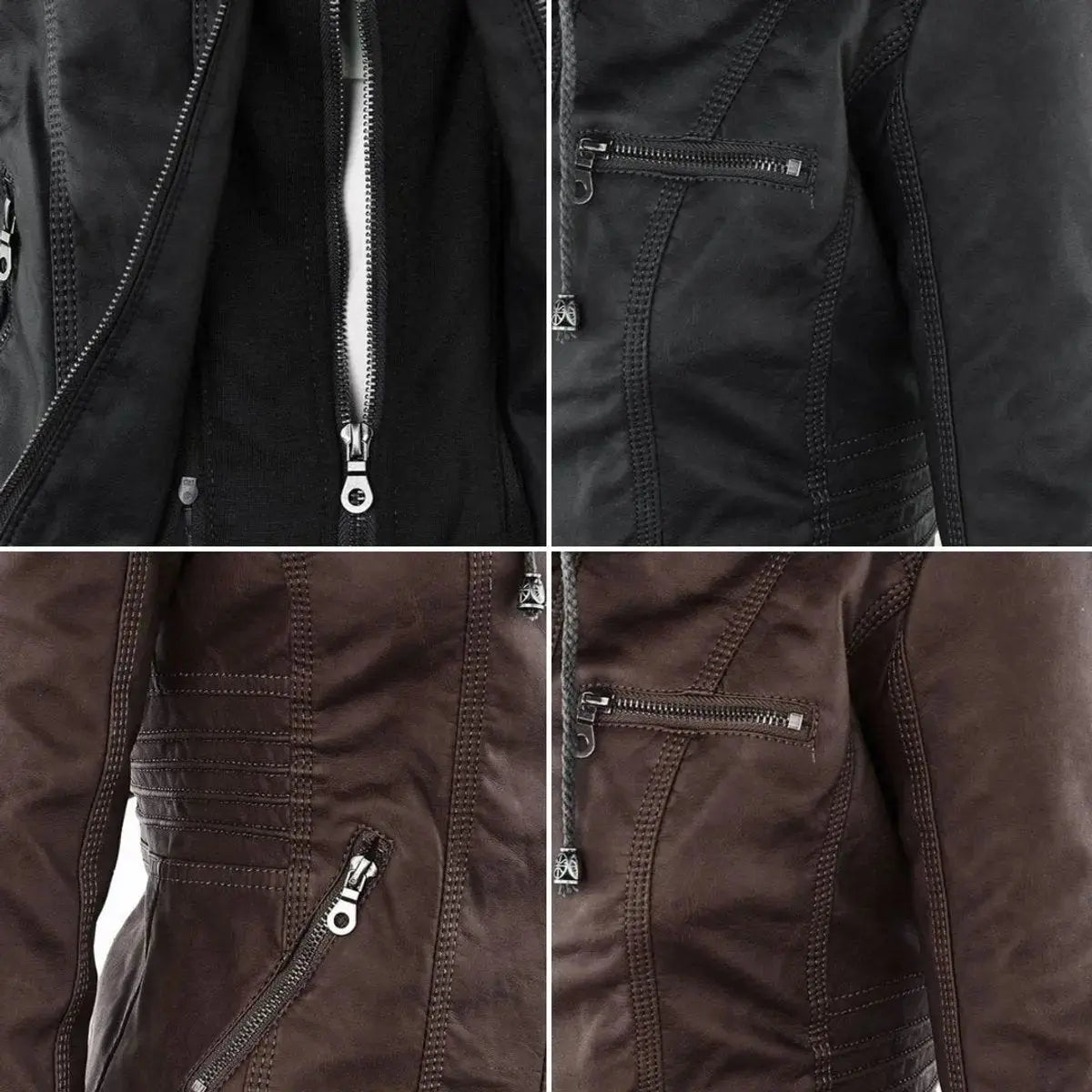 Abrigo motero de cuero sintético para mujer, con capucha desmontable
