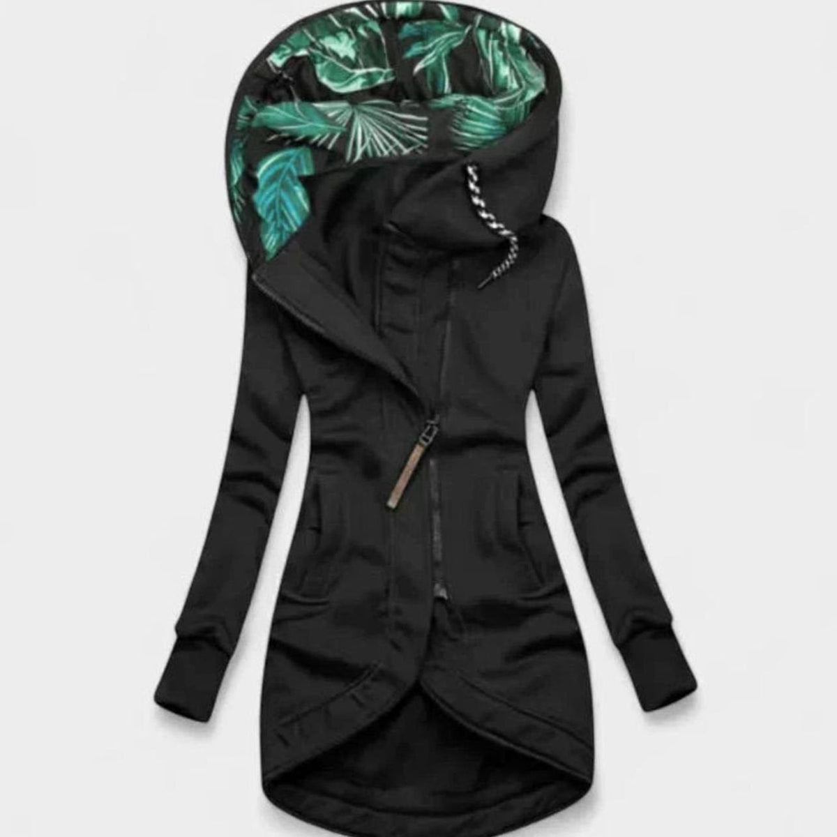 Chaqueta larga y cómoda para mujer, suave, con capucha y cierre de cremallera