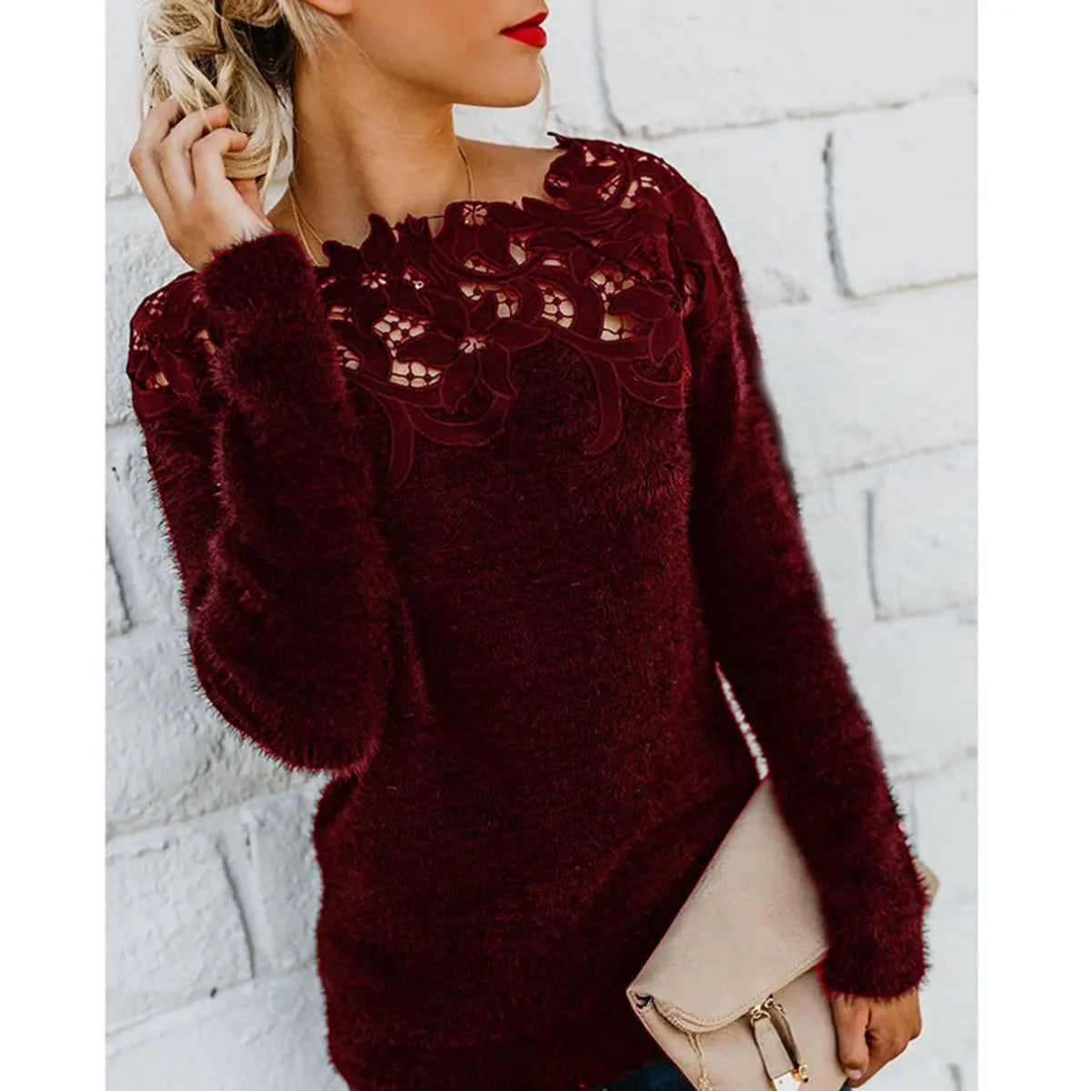Top de punto de manga larga para mujer, de tejido mullido, con encaje floral en el escote