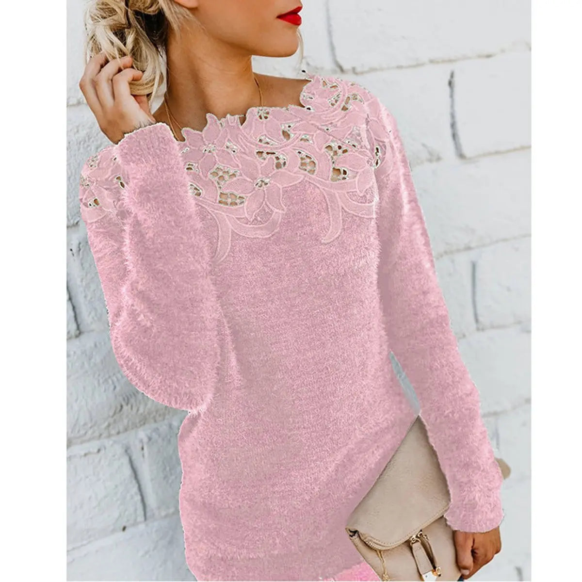 Top de punto de manga larga para mujer, de tejido mullido, con encaje floral en el escote