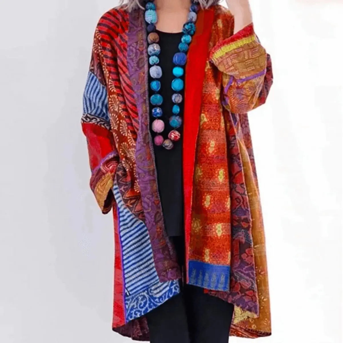 Cárdigan largo de punto para mujer, de patchwork y abierto por delante