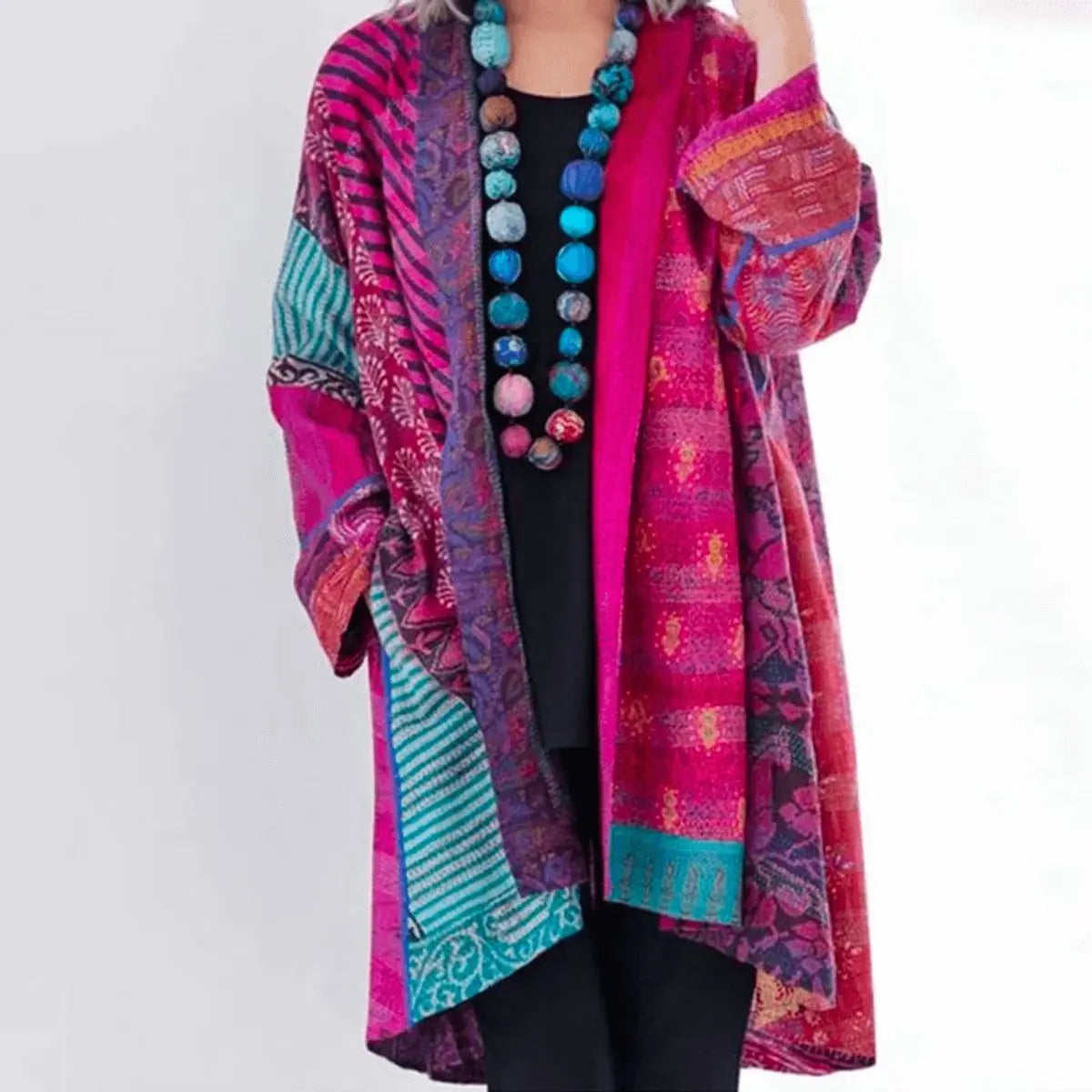 Cárdigan largo de punto para mujer, de patchwork y abierto por delante