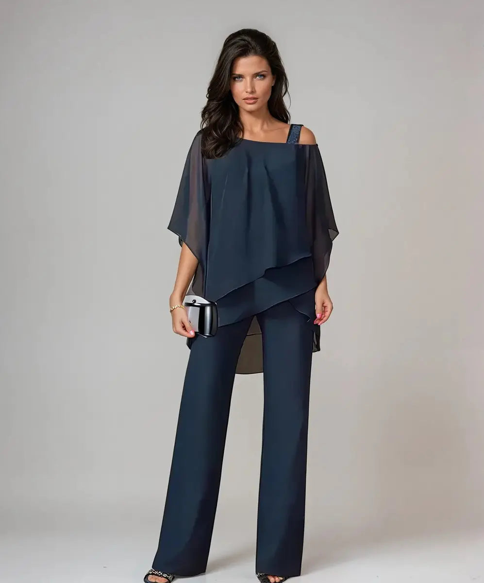 Conjunto de pantalón ancho de gasa con hombros descubiertos y capas para mujer