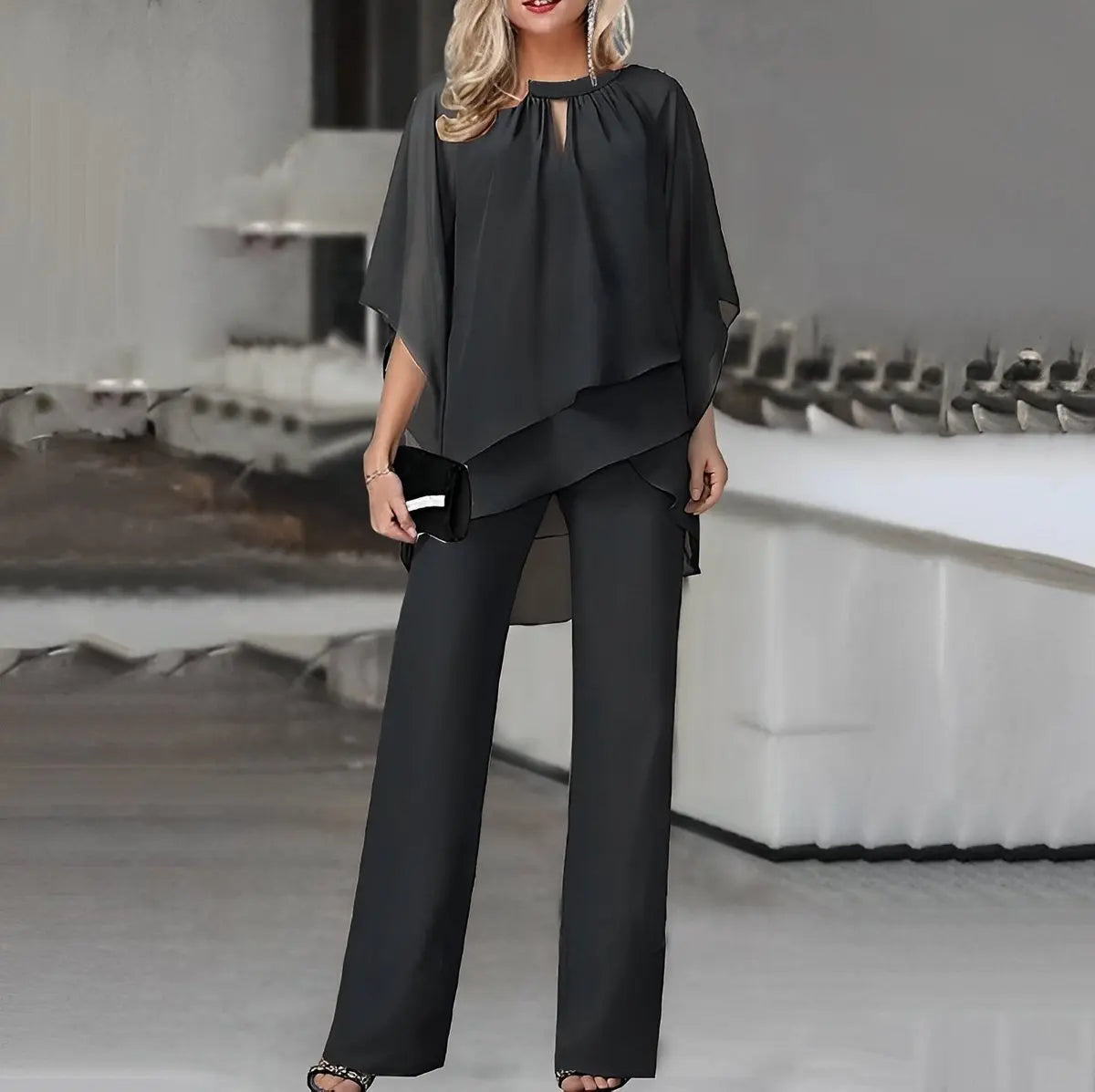 Conjunto de dos piezas con pantalón ancho y capas de gasa para mujer