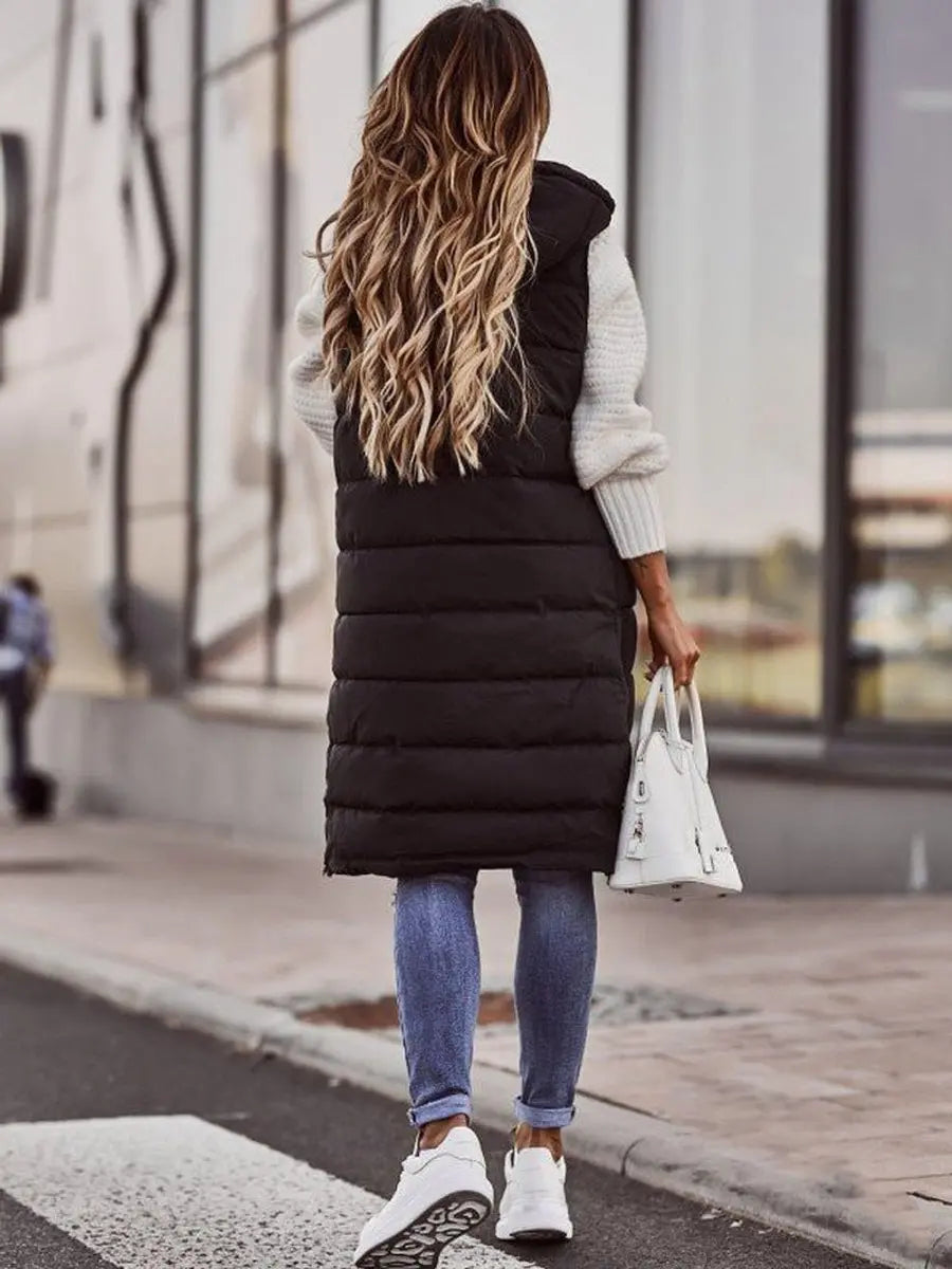 Chaleco largo acolchado de invierno con capucha, sin mangas, para mujer