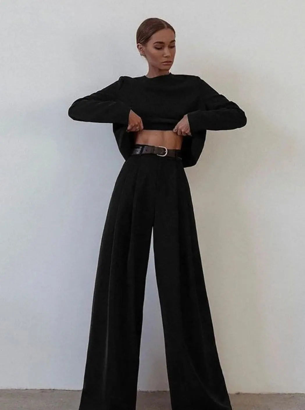 Conjunto de dos piezas de manga larga y pantalón palazzo de pierna ancha para mujer