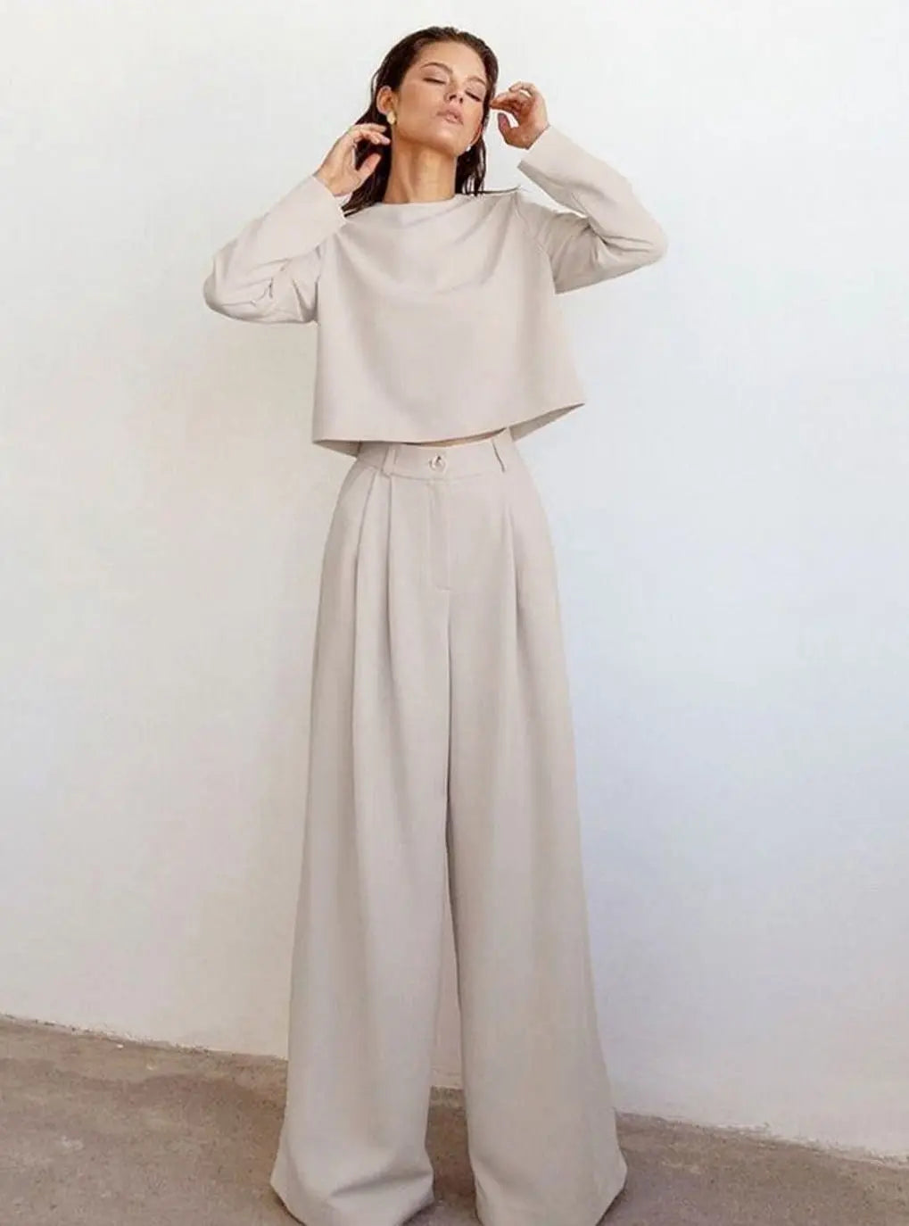 Conjunto de dos piezas de manga larga y pantalón palazzo de pierna ancha para mujer