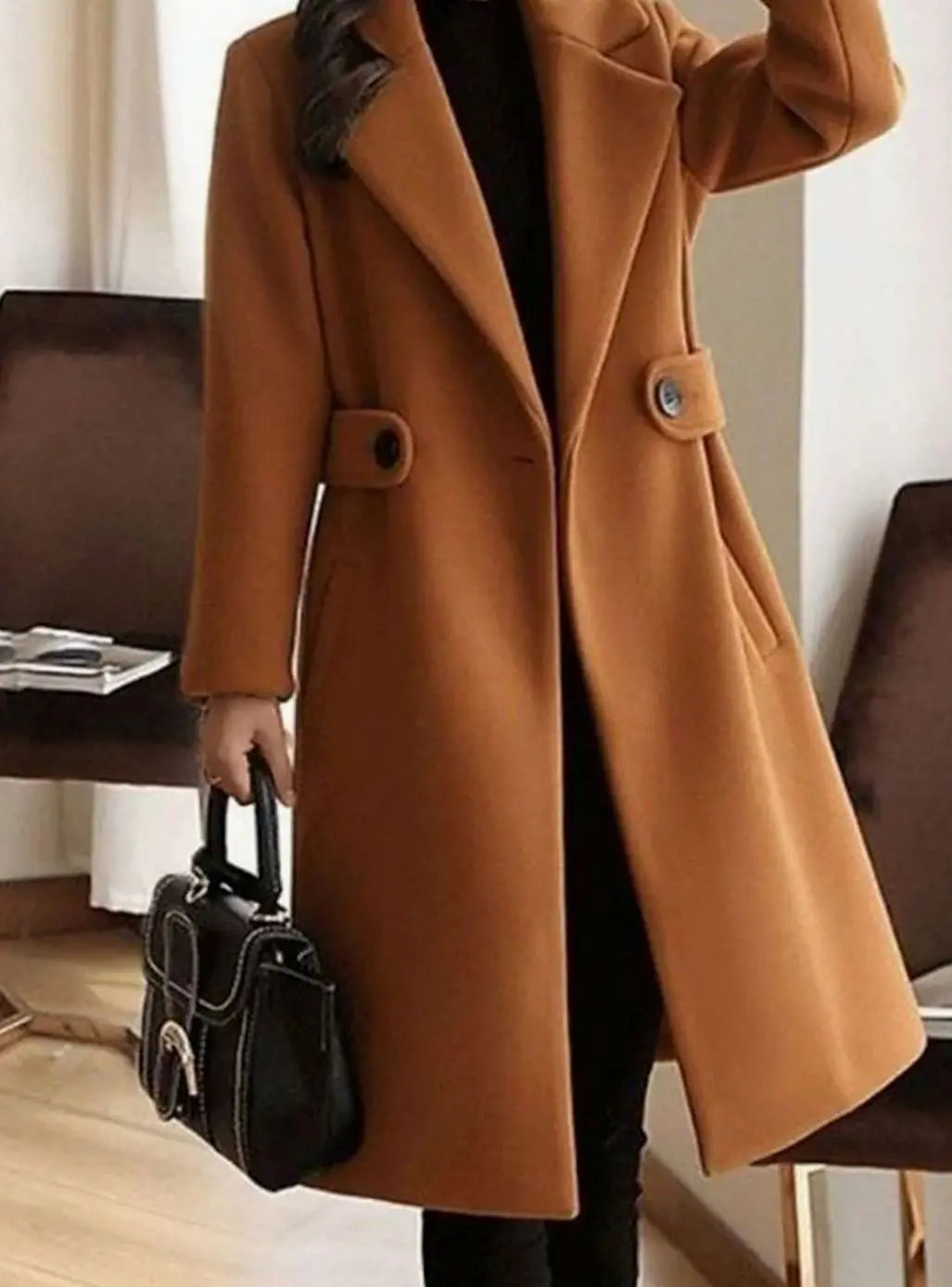 Abrigo largo de invierno con cinturón y solapas de muesca para mujer