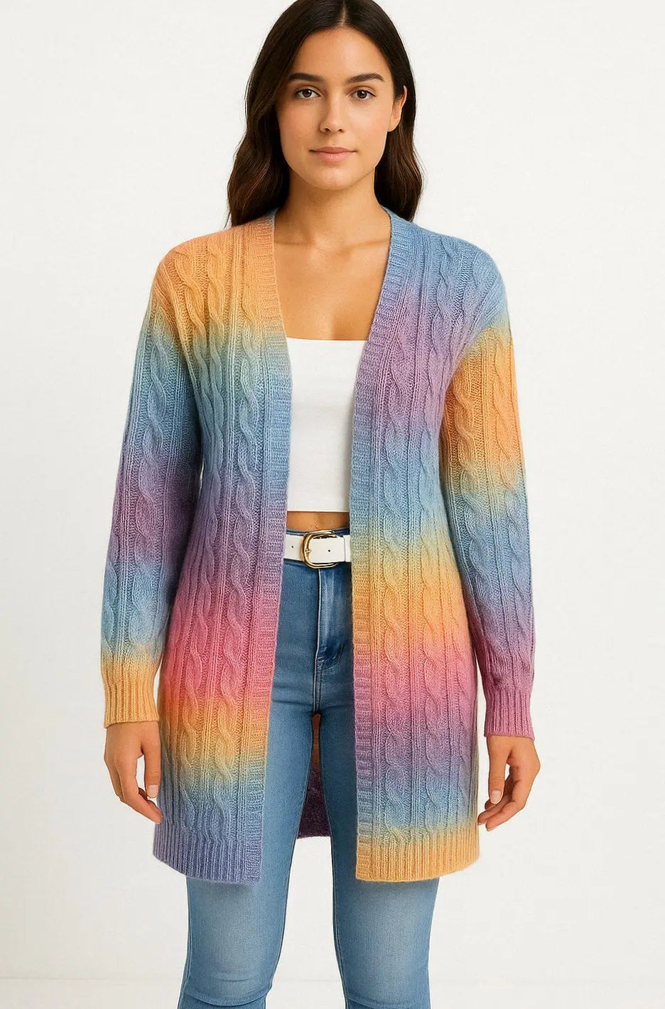 Cárdigan largo extragrande de punto trenzado y frente abierto para mujer