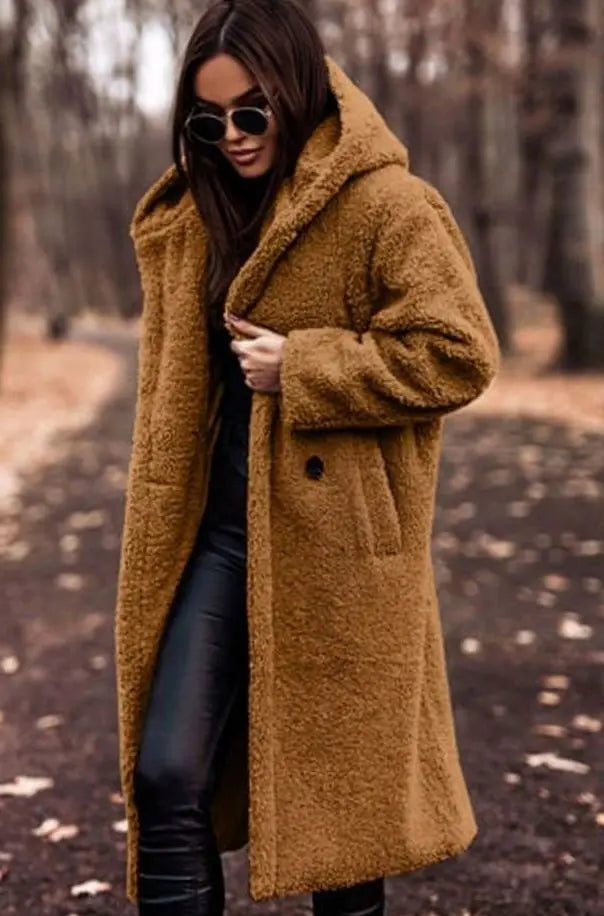 Abrigo largo de invierno de piel sintética con capucha para mujer