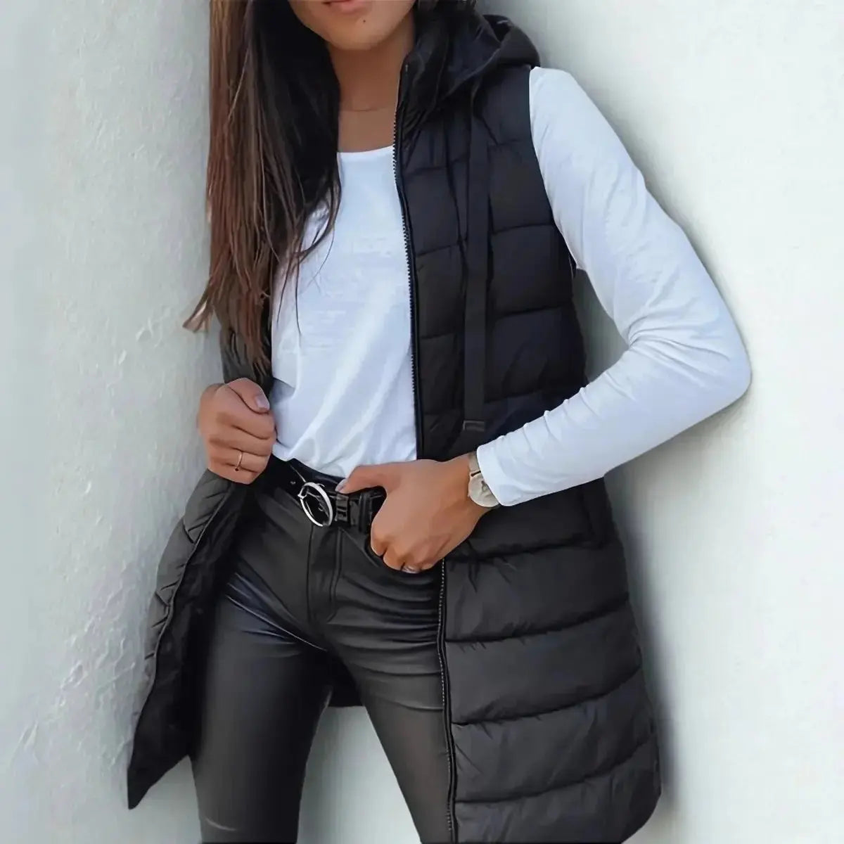 Chaleco largo acolchado sin mangas con capucha para mujer