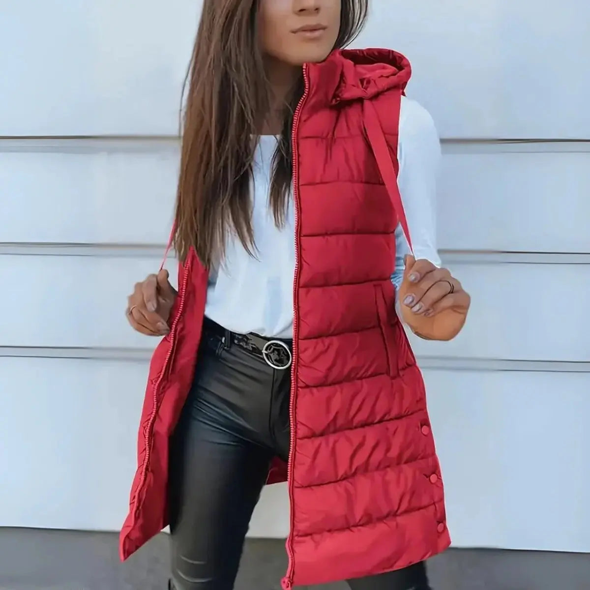 Chaleco largo acolchado sin mangas con capucha para mujer