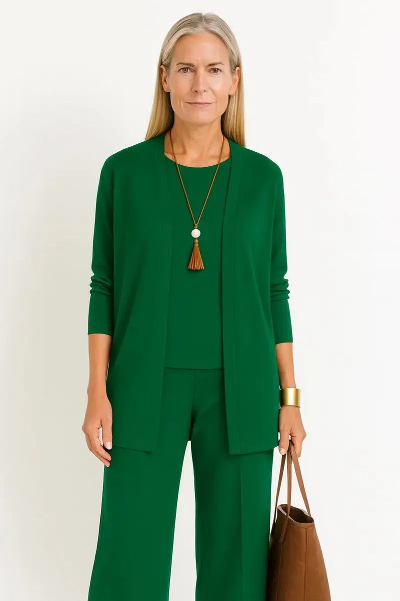 Conjunto de 3 piezas para mujer con cárdigan largo de frente abierto y pantalón de pierna ancha