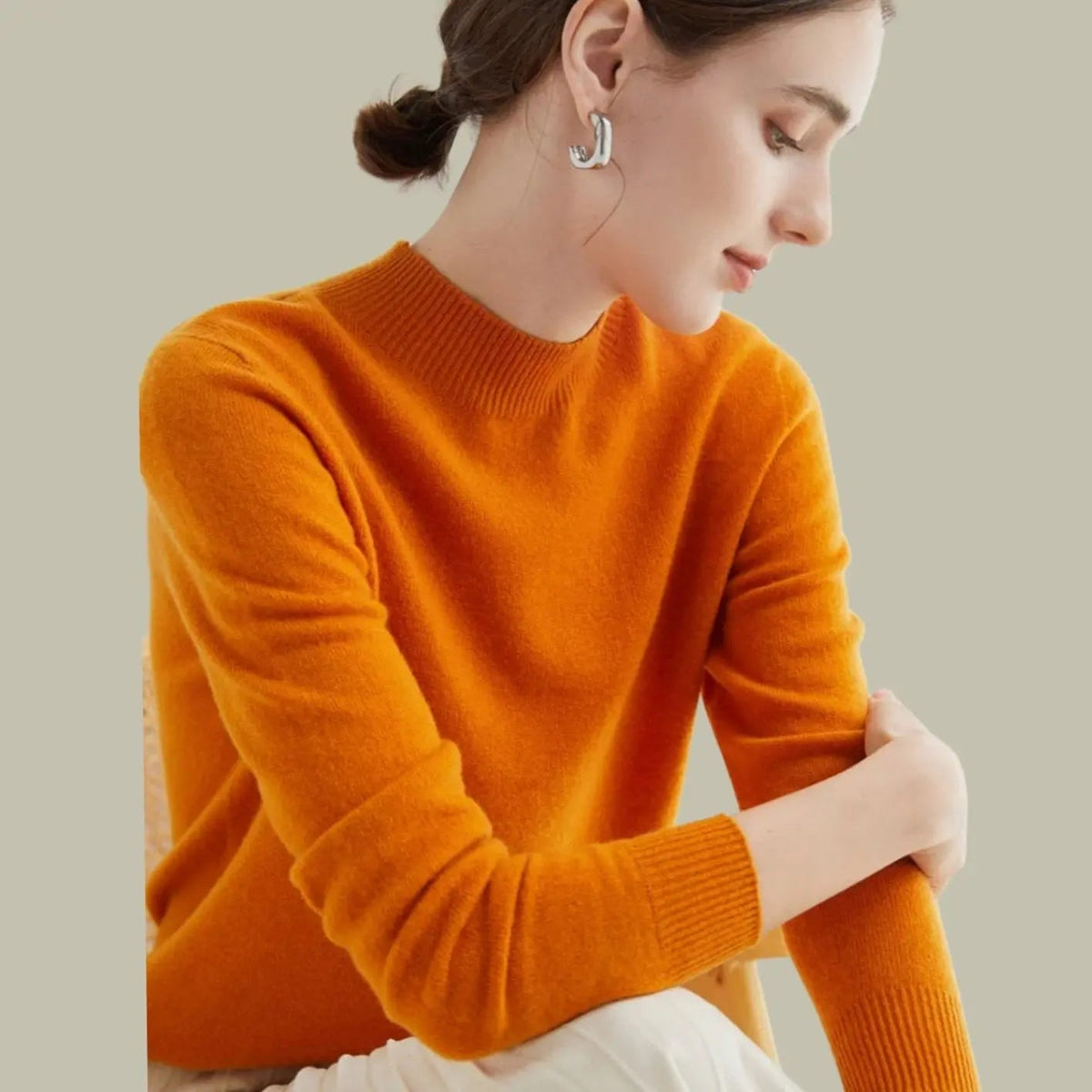 Jerséis de lana merina de punto, manga larga y cuello alto simulado para mujer