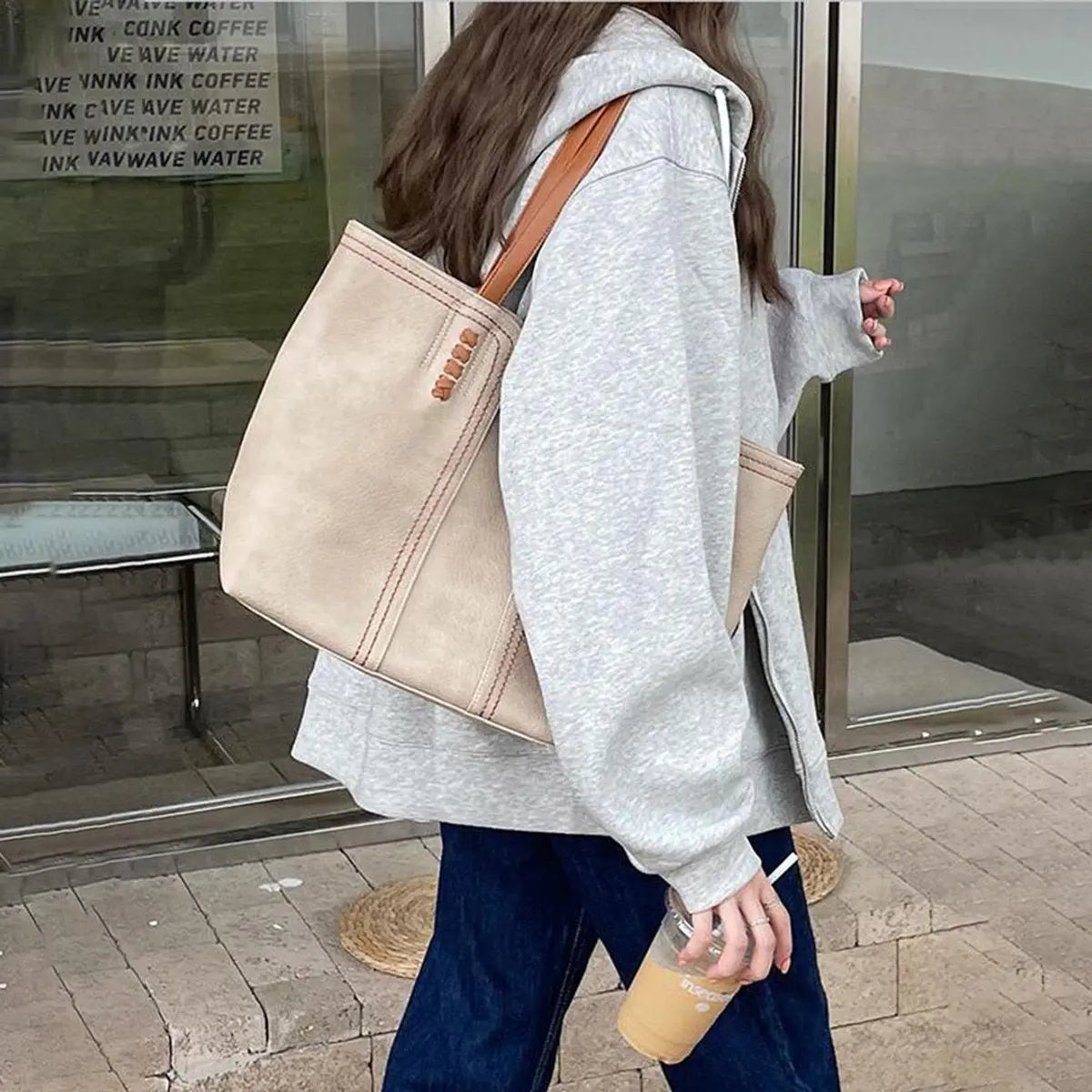Bolso tote grande minimalista de cuero sintético para mujer