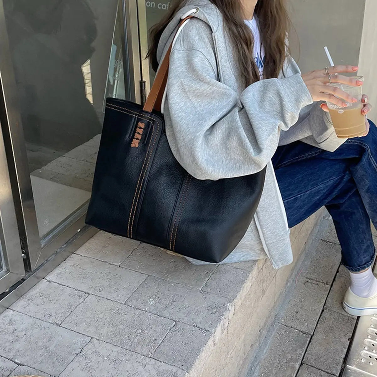 Bolso tote grande minimalista de cuero sintético para mujer