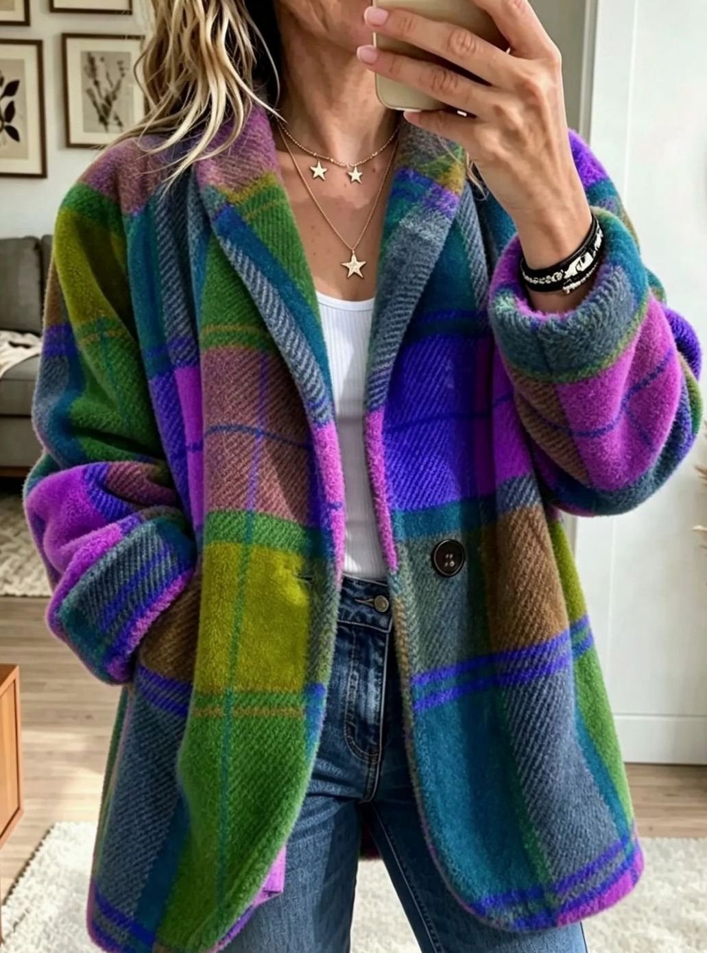 Abrigo de forro polar multicolor a cuadros con botones para mujer