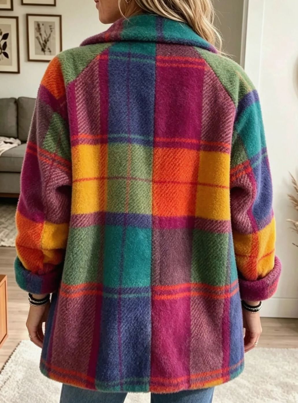 Abrigo de forro polar multicolor a cuadros con botones para mujer