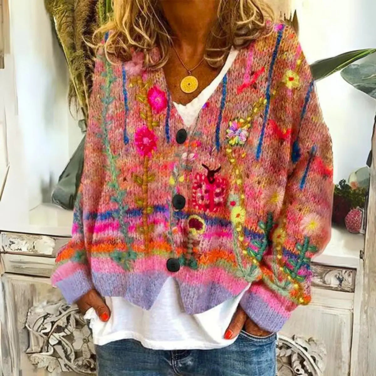 Cárdigan de punto multicolor con bordado floral y botones para mujer